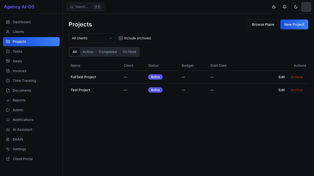 Agency projects list with test projects. Account avatar covered.