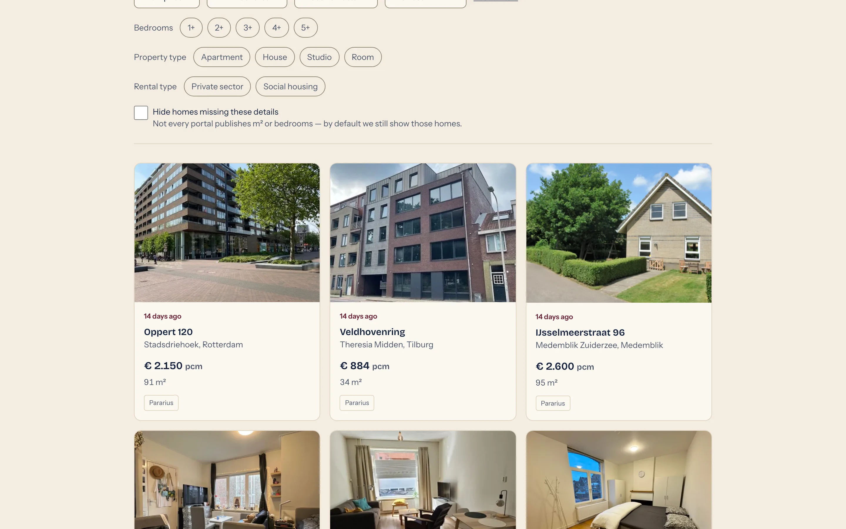 Filtered listings, duplicates removed.