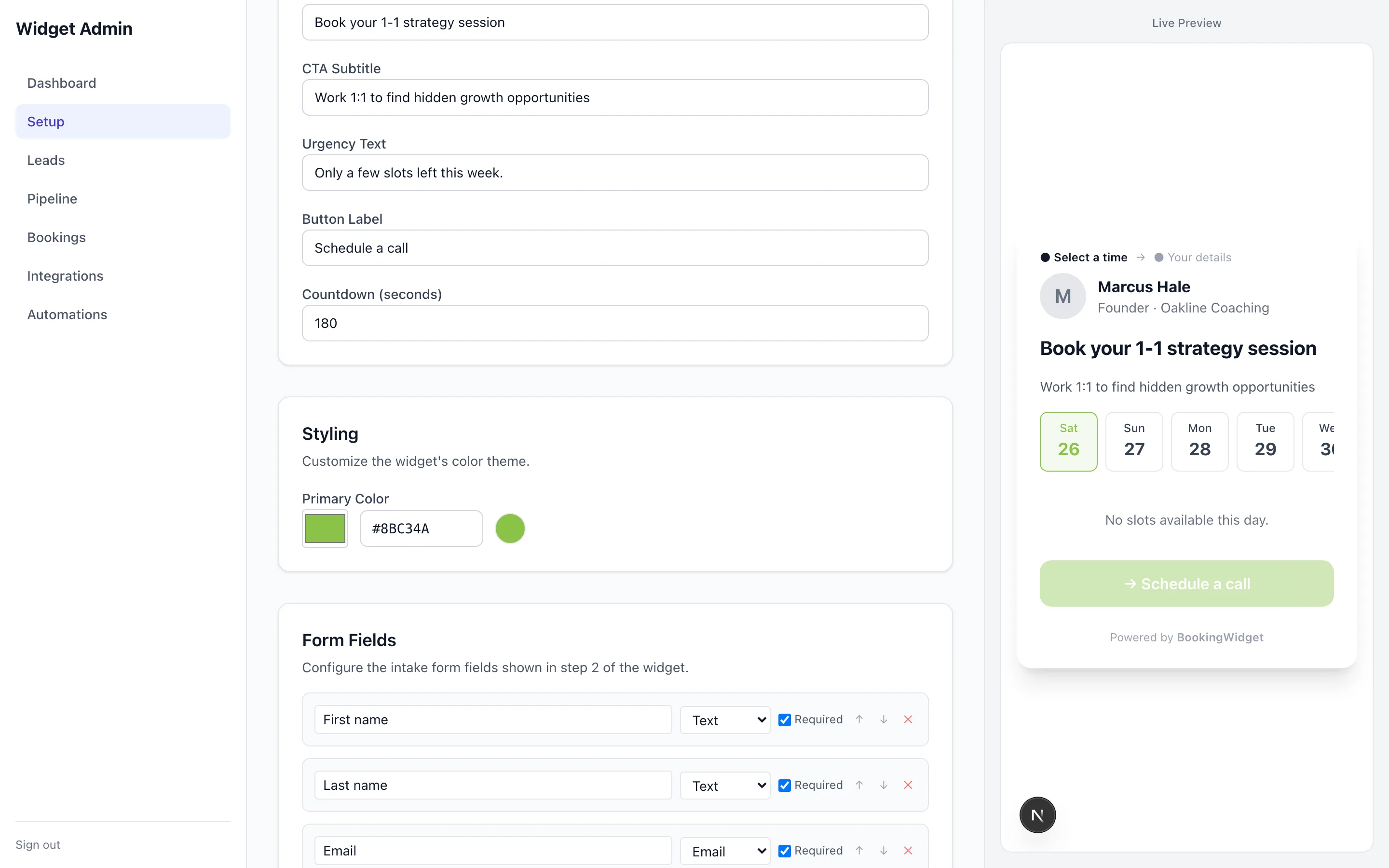 Customising colours, copy and urgency with a live preview.