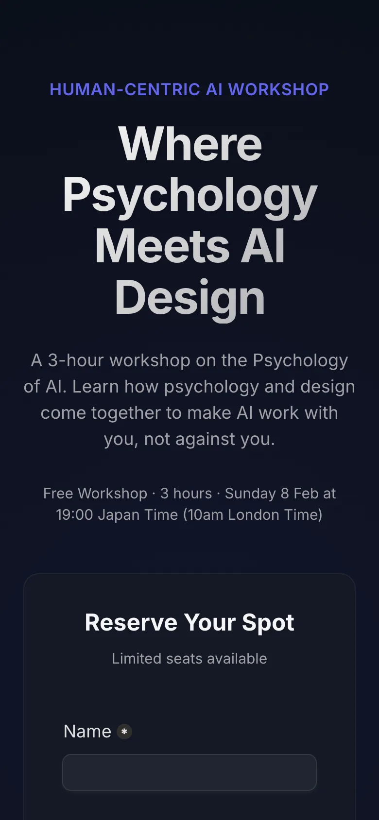 Workshop page at mobile width.