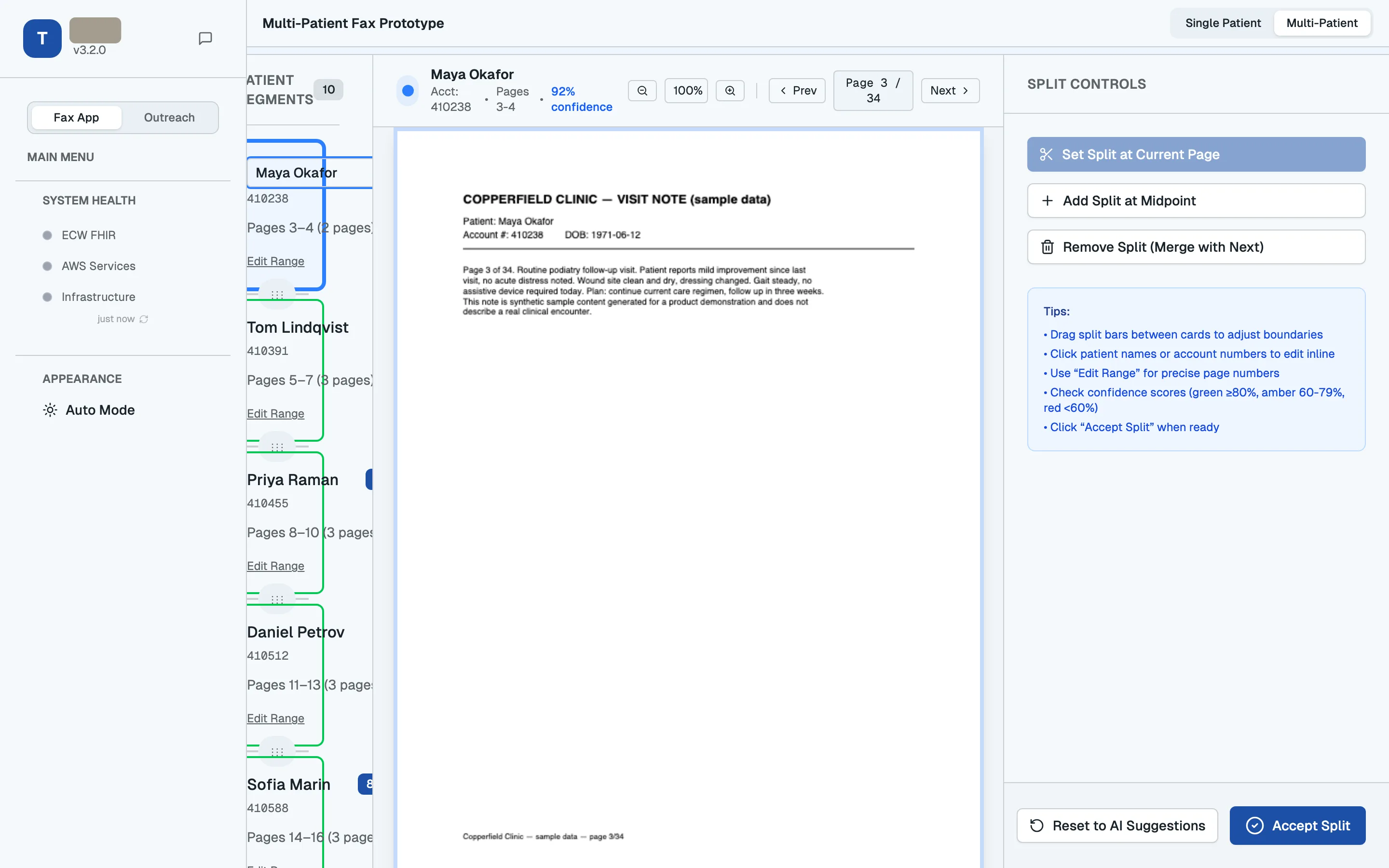 Correcting an AI-suggested patient name before the split is accepted. The source page stays visible alongside.