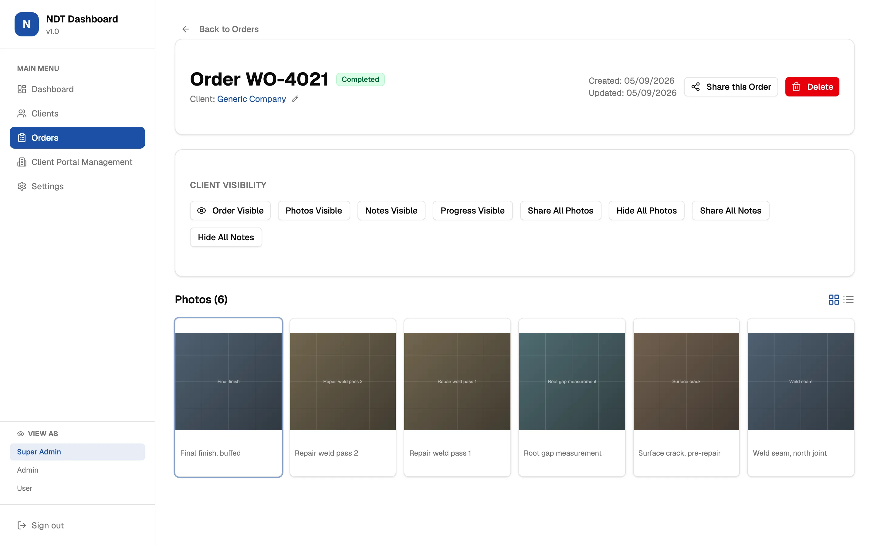 Inspection photos for one order. Sample data.