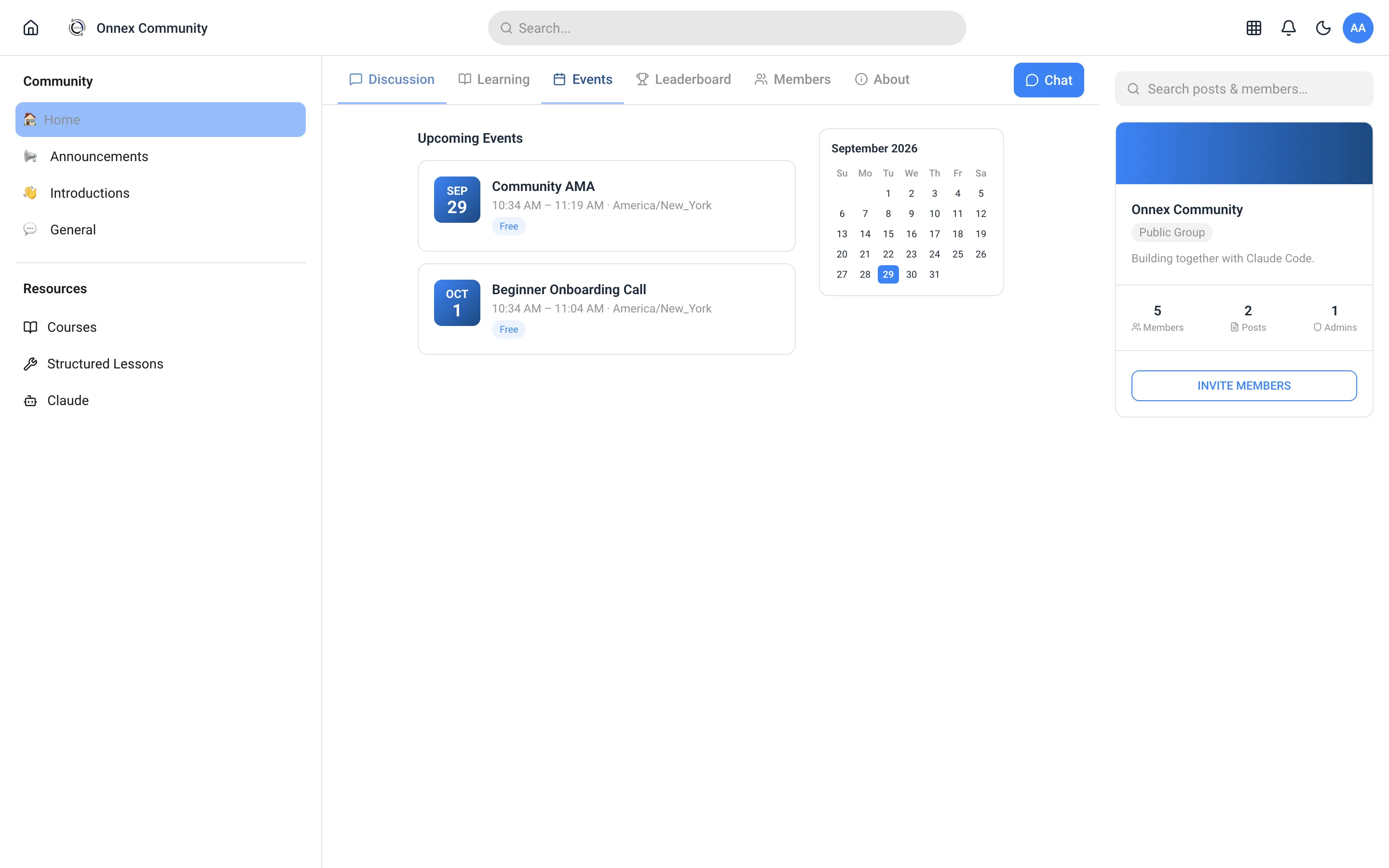 Events: the community's upcoming AMA and onboarding call, shown with a monthly calendar.