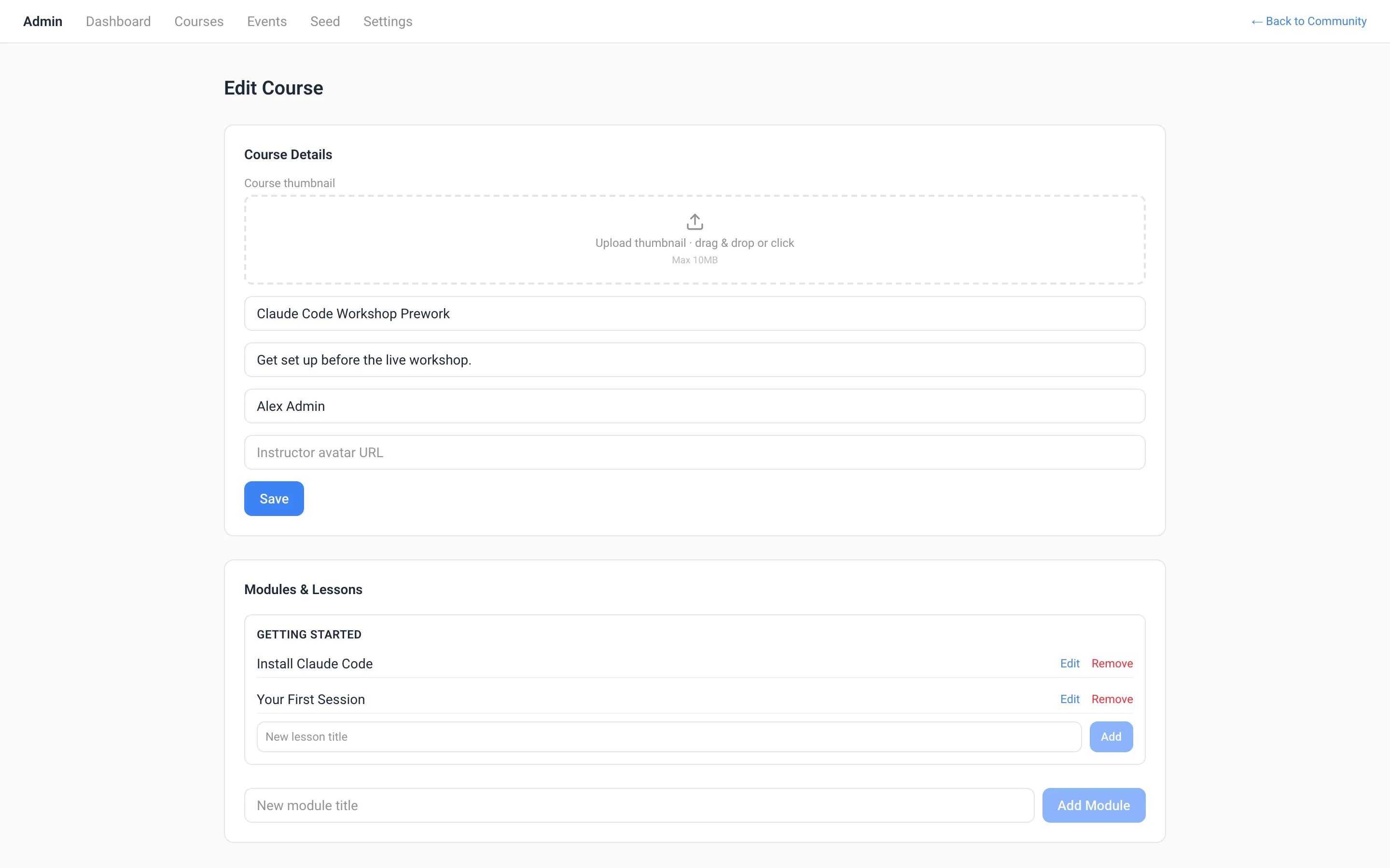 Owner tools: courses, events, settings.
