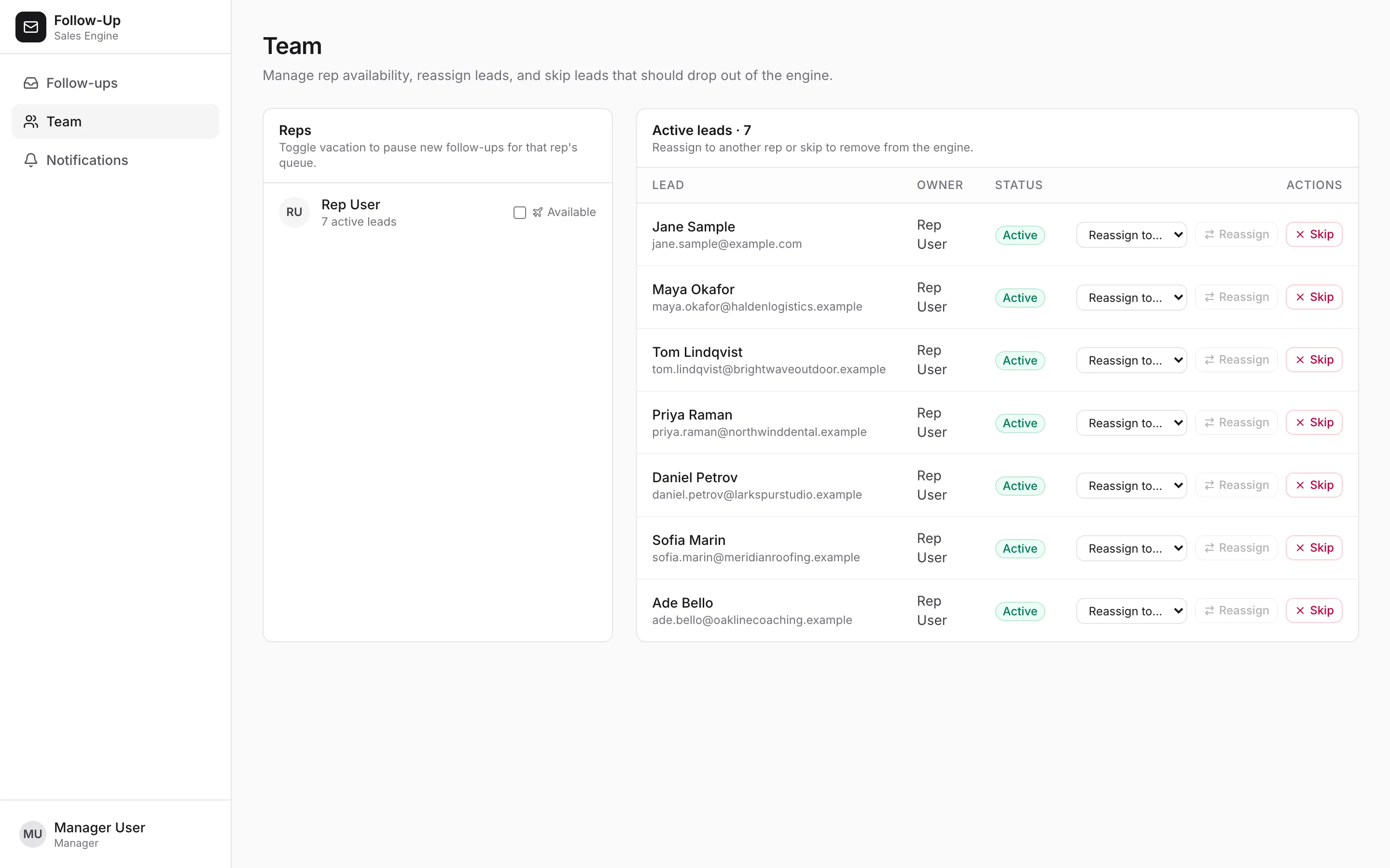 Manager view: reassign or skip while a rep is away.