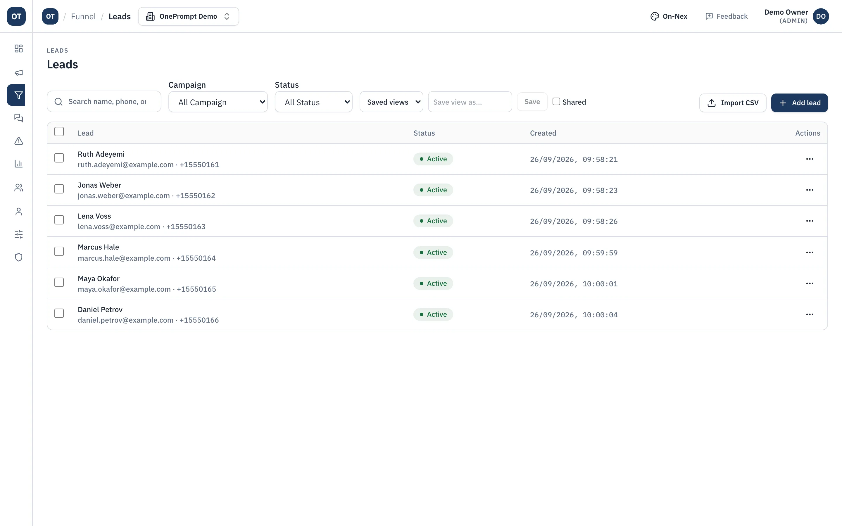 Leads captured by the demo signup. Sample data.