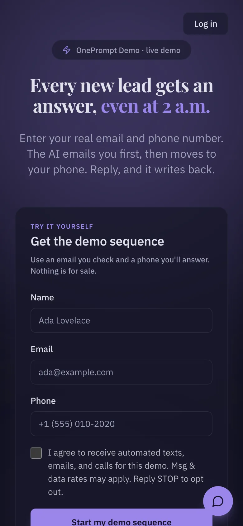 The signup form on a phone.