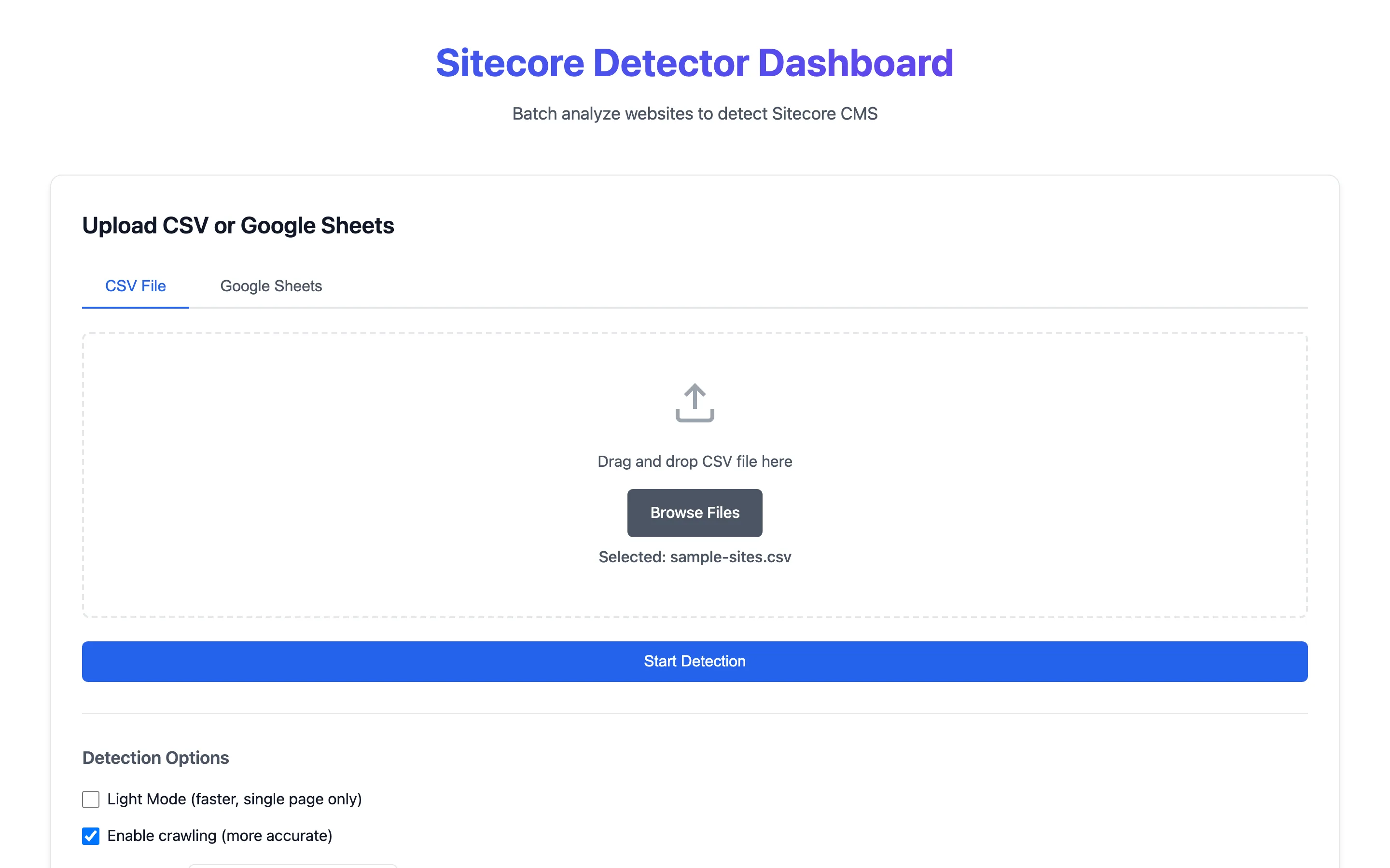 Upload a CSV or a published sheet, pick the options.