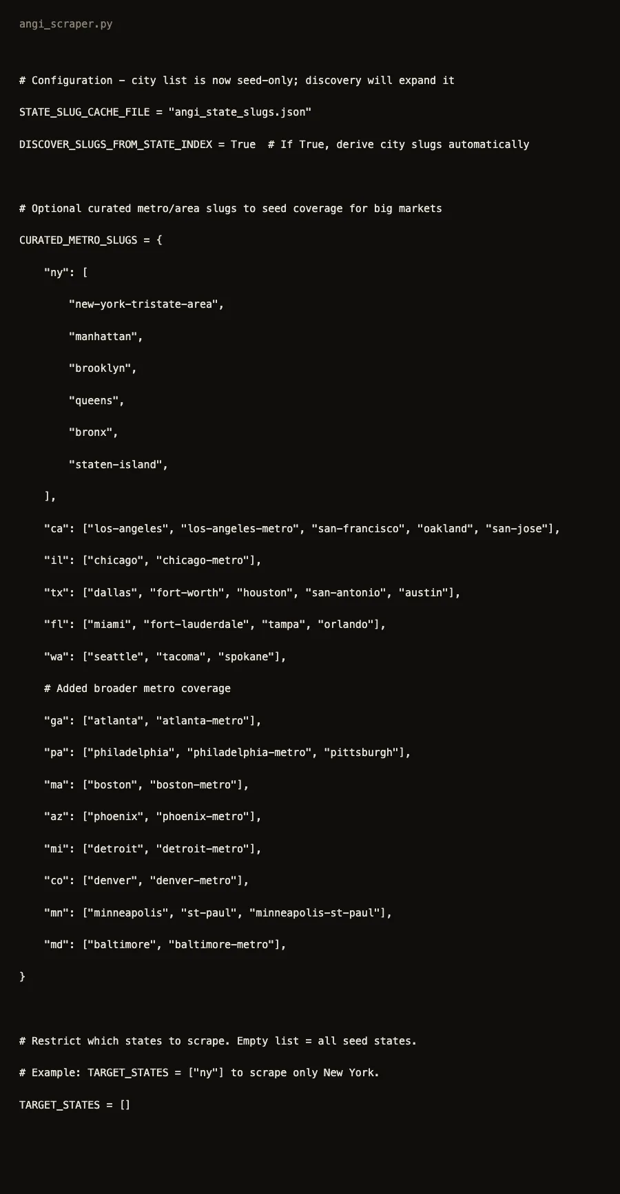 Metro seed list and state filter.
