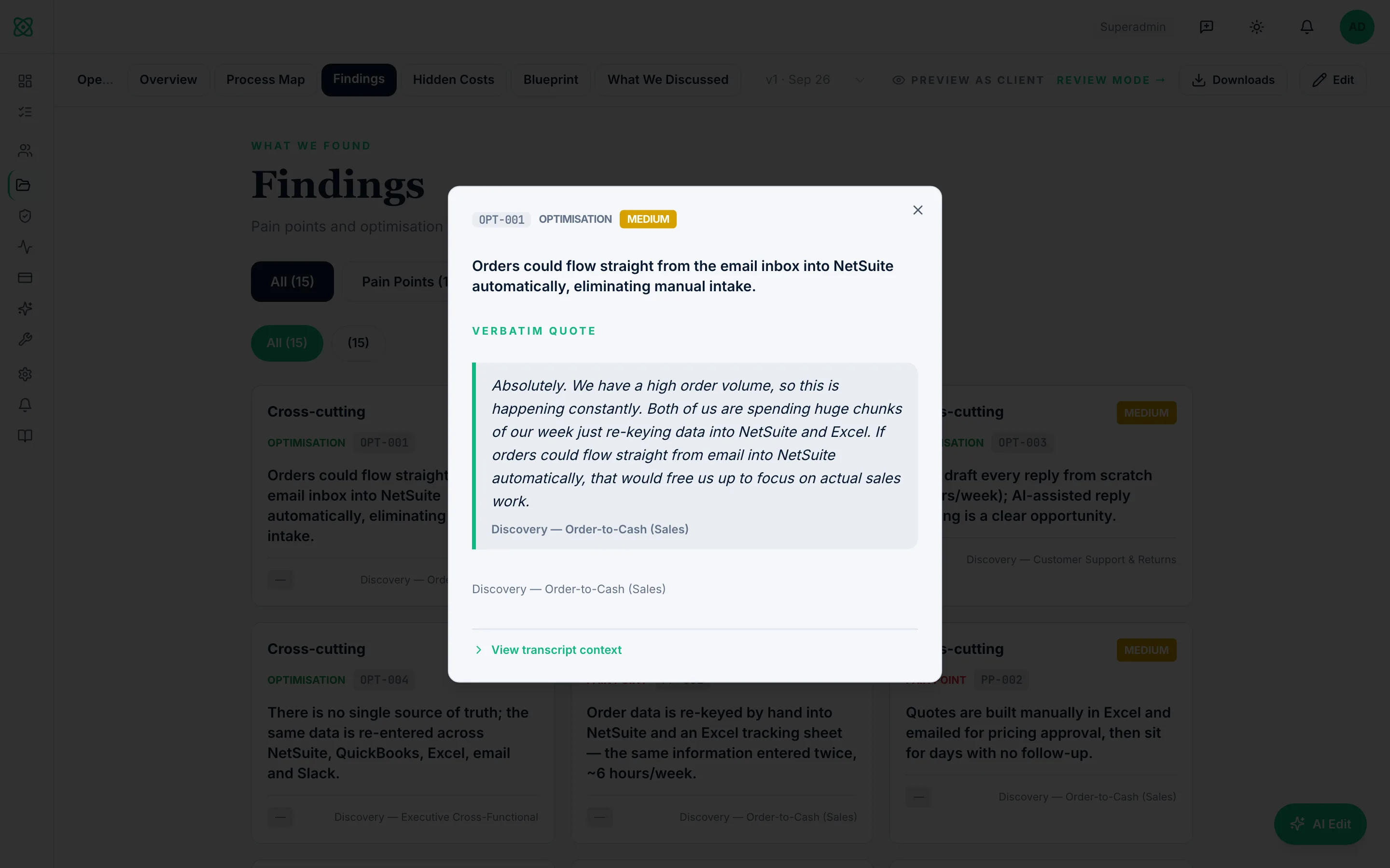 Findings with a detail modal open, showing the verbatim quote behind it.