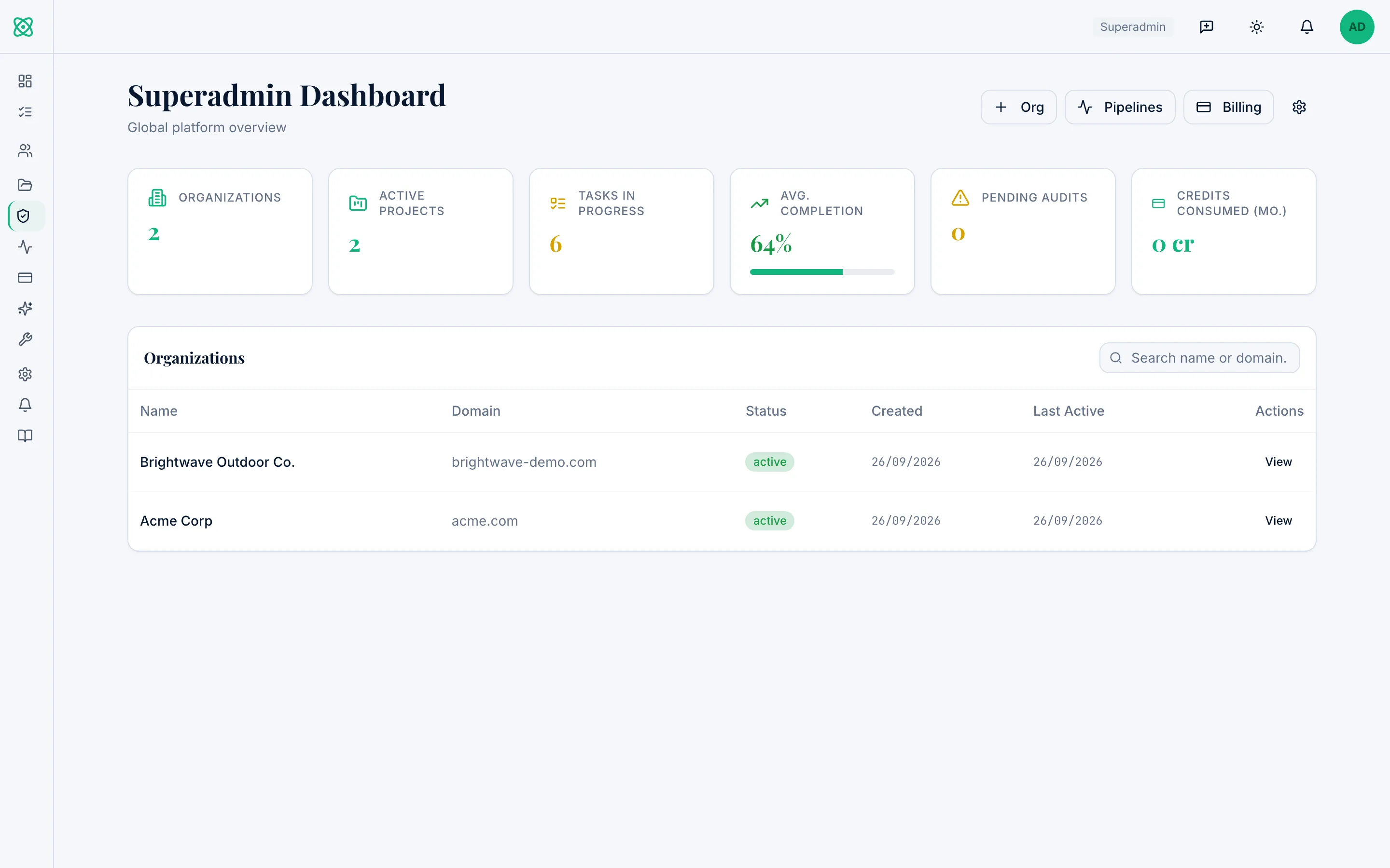 Superadmin: every client engagement in one list. Sample data.