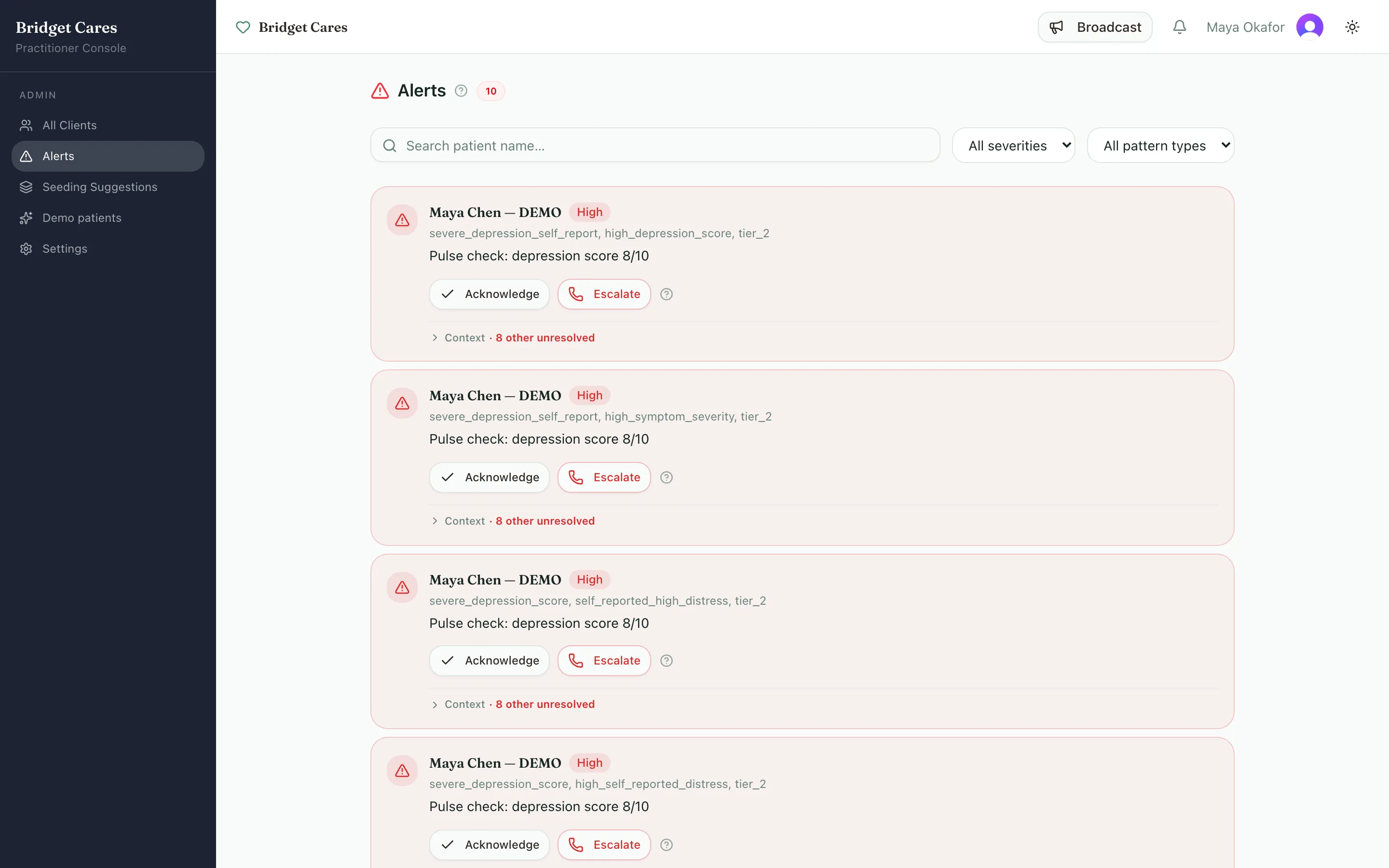Risk alerts with the message that triggered them. Synthetic patients.