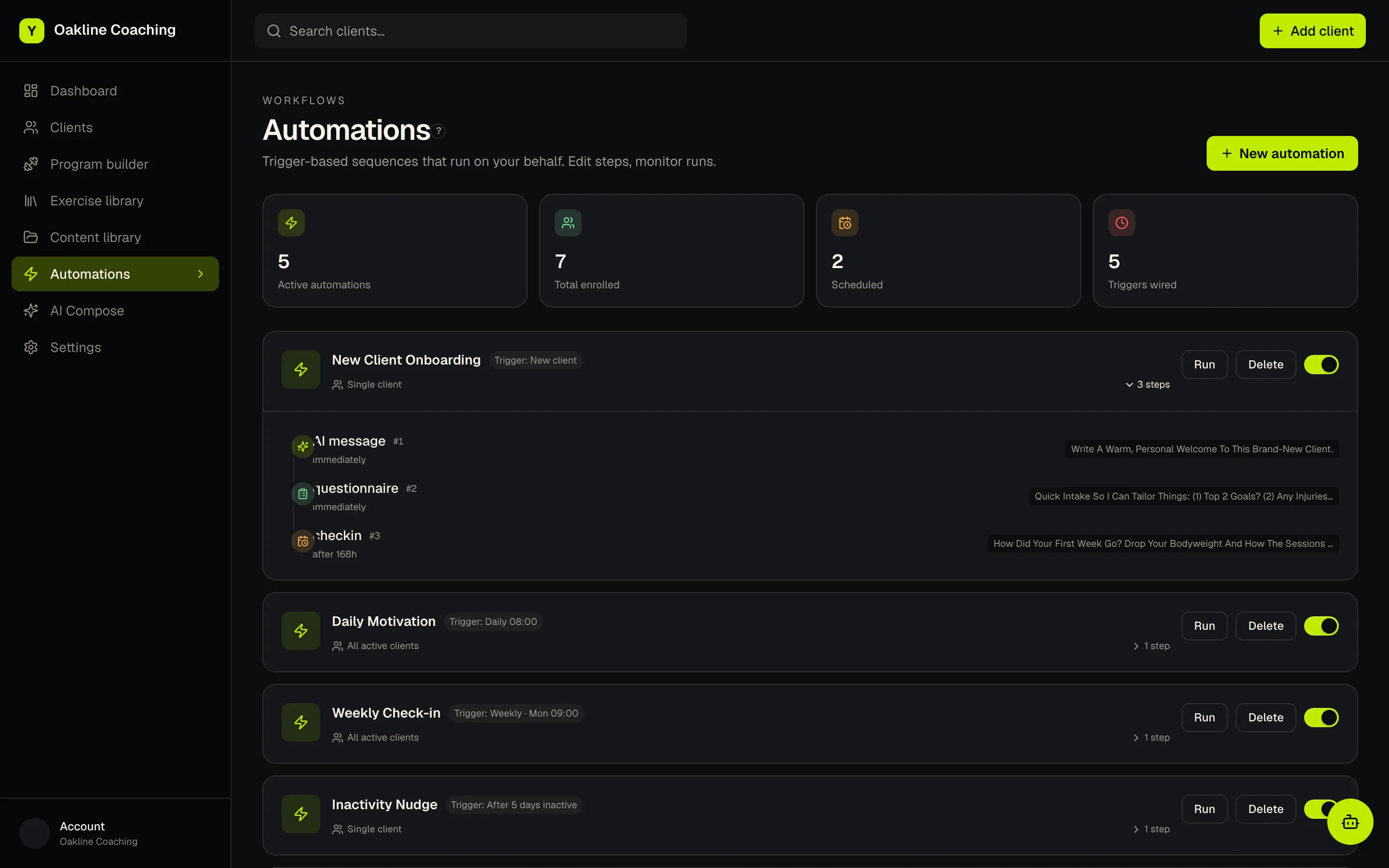 An onboarding sequence: welcome, check-in and review steps. Sample data.