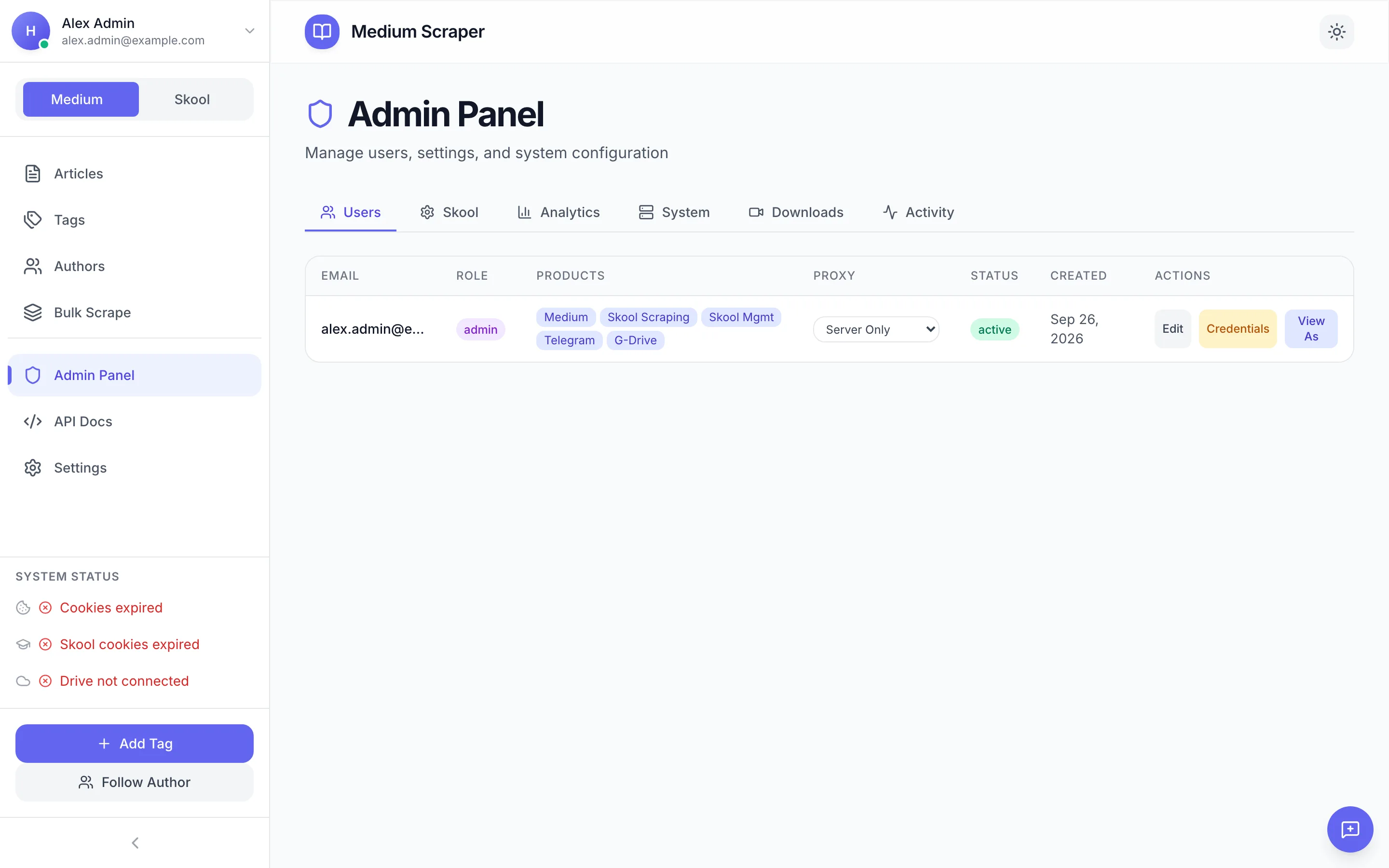 Admin: users, products enabled, and access. Sample data.