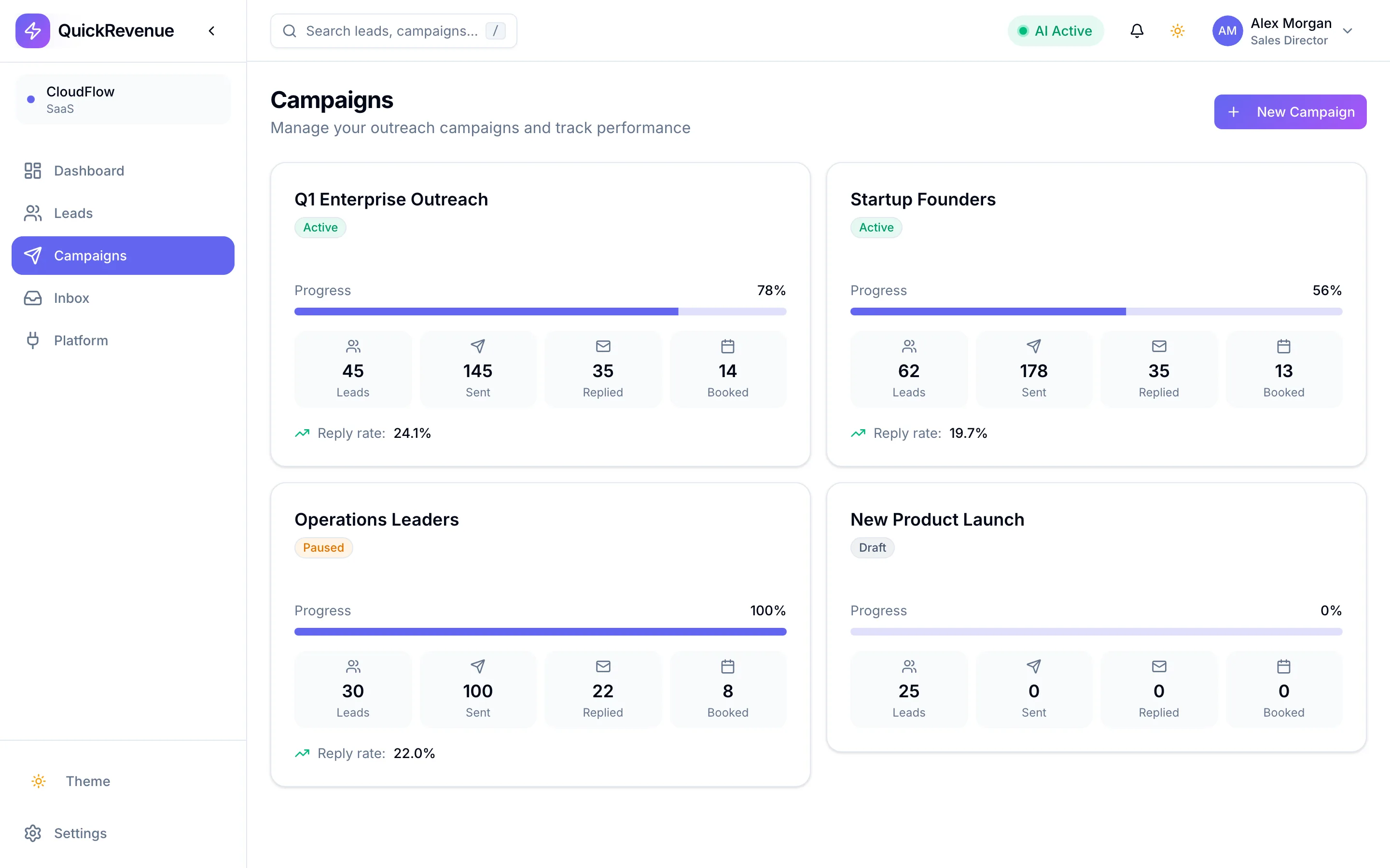 Campaign cards with live progress and reply rate. Demo data.