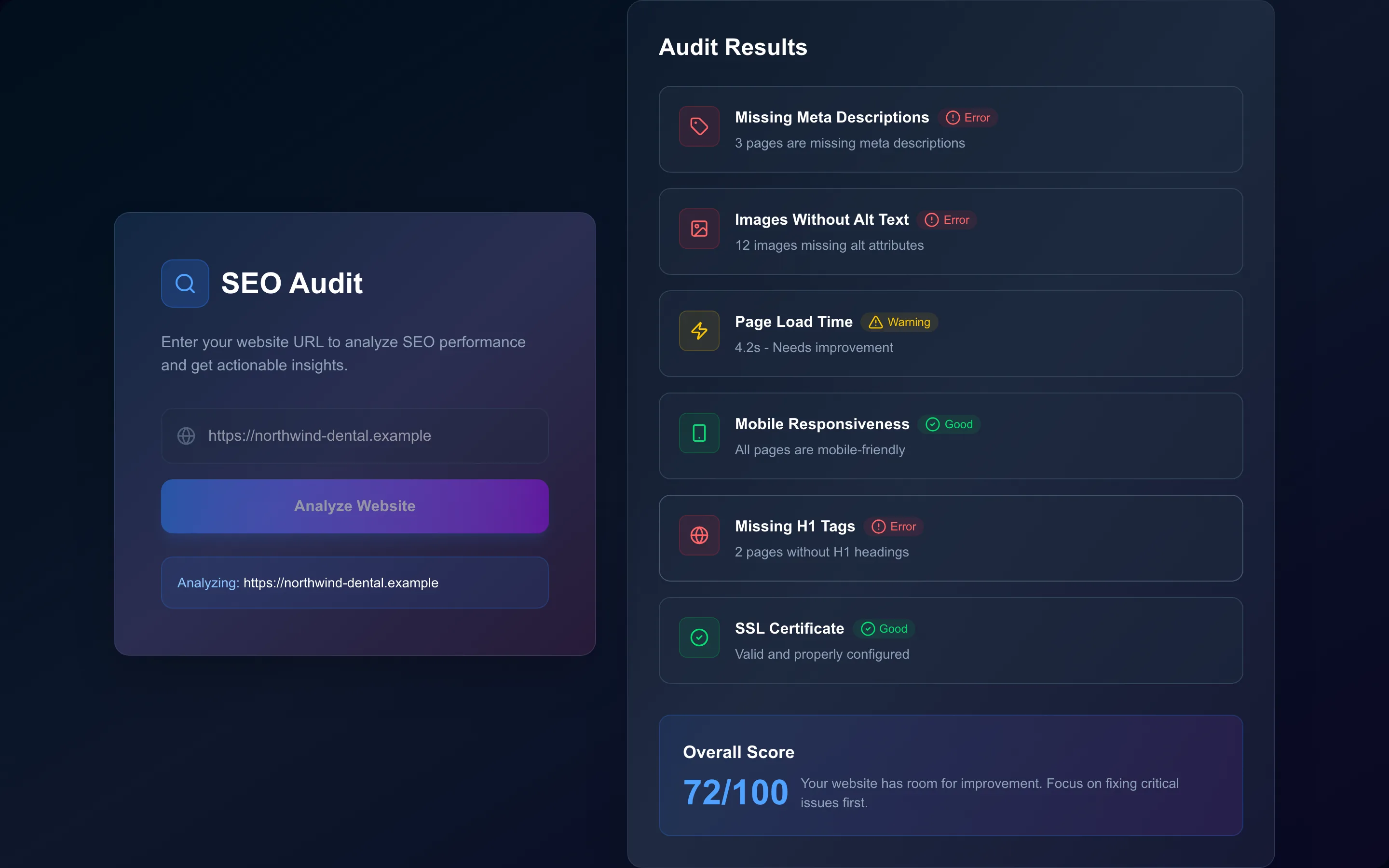 Sample findings. Every result is mocked; this is a pitch demo.