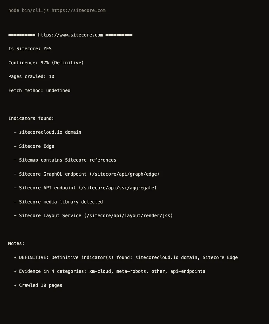 CLI output: a definitive Sitecore match at 97% confidence, with the evidence found.